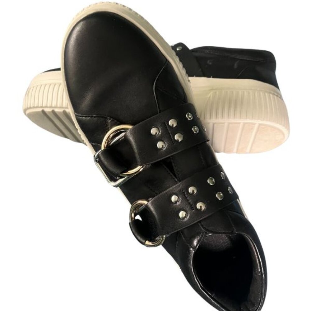 J/Slides NYC Black Leather Platform Sneakers – Studded Straps – Size 8.5